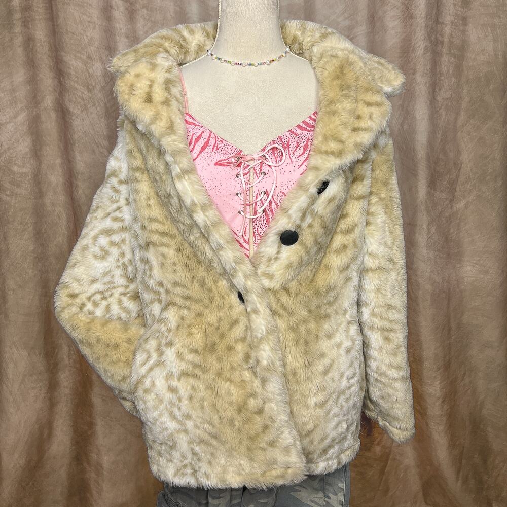 Vintage 90s Leopard Animal Print Faux Fur Coat Fluffy Indie Mcbling Mobwife Euro - Picture 11 of 11